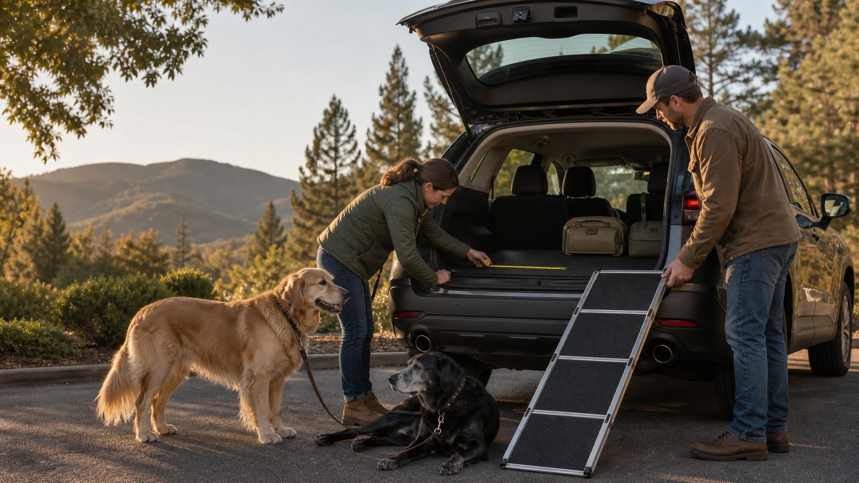 Dog owners measure an SUV cargo floor beside a golden retriever and an older black Labrador in Southern Oregon