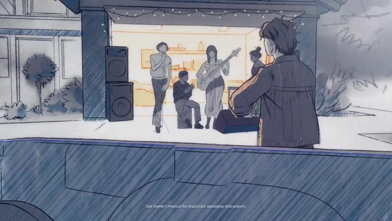 Ford illustration of a Fathom electric truck powering music equipment at a home